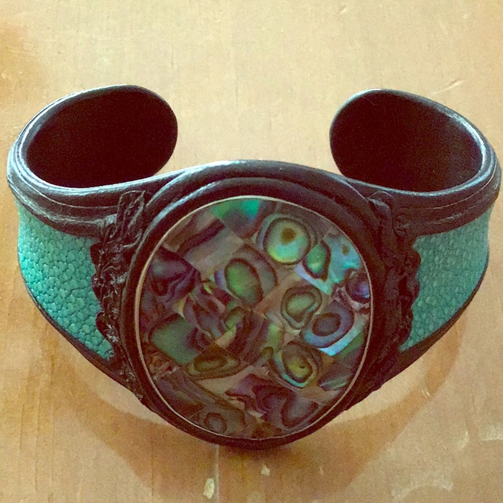 Leather Cuff Bracelet w/ Rainbow Abalone Stone EUC